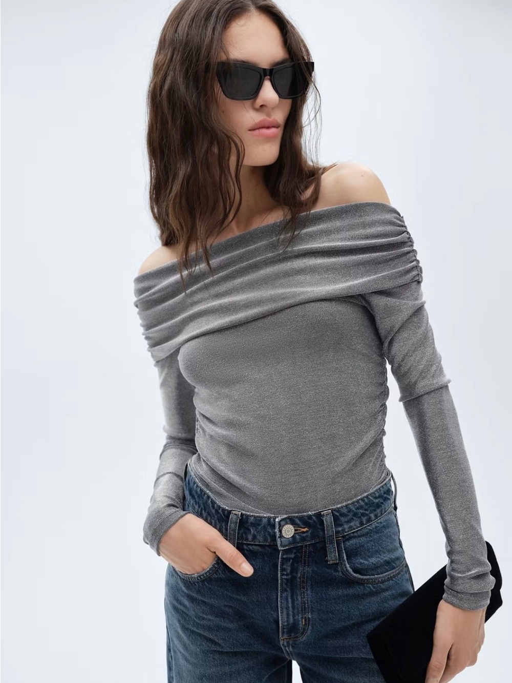Mango Silver Lurex Off-The-Shoulder Top NWT
